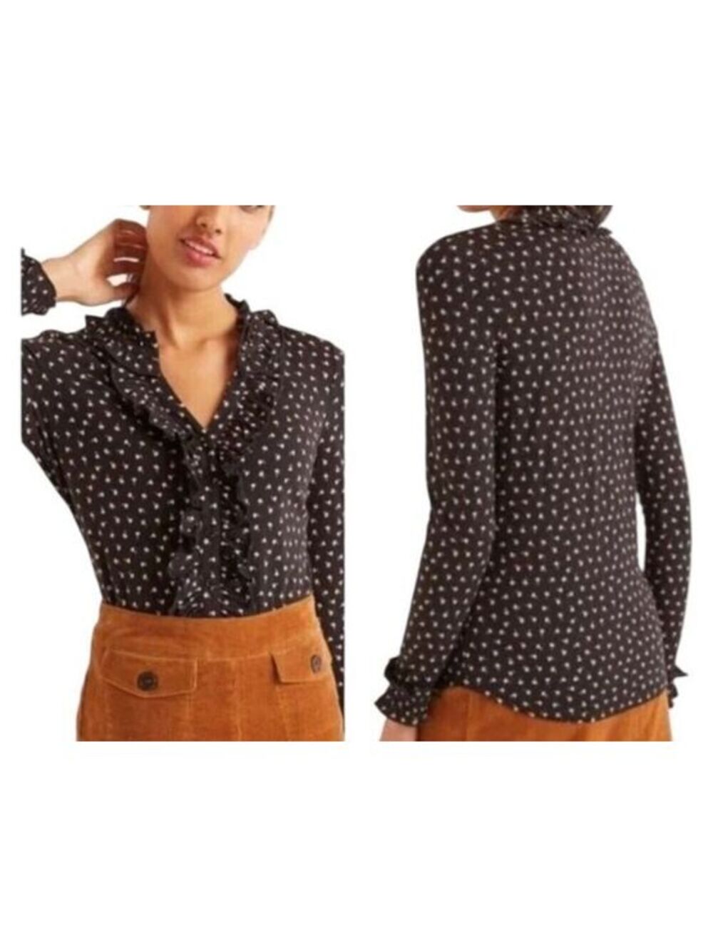 Boden Alberta Black Blush Ditsy Floral Ruffle Button Front Jersey Top US 8